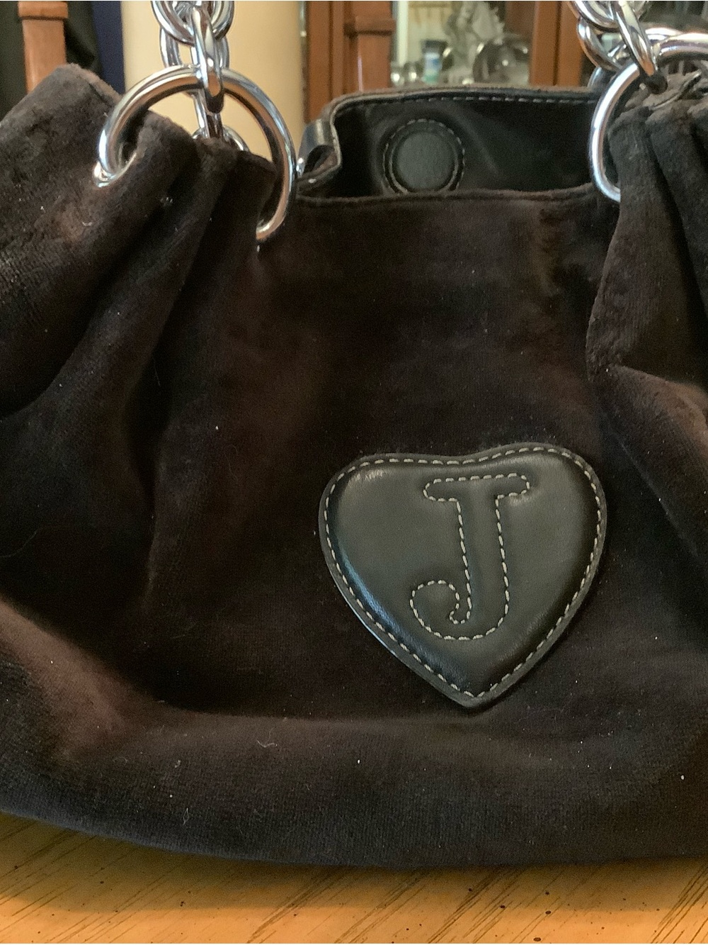 Royal Juicy Couture Black Leather and Thick Brown Velvet Bag with Silver Chain. - Picture 14 of 16